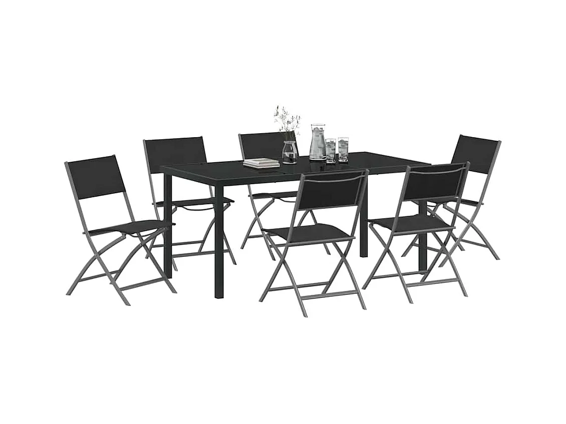 Set da pranzo da giardino in textilene e acciaio nero da 7 pezzi