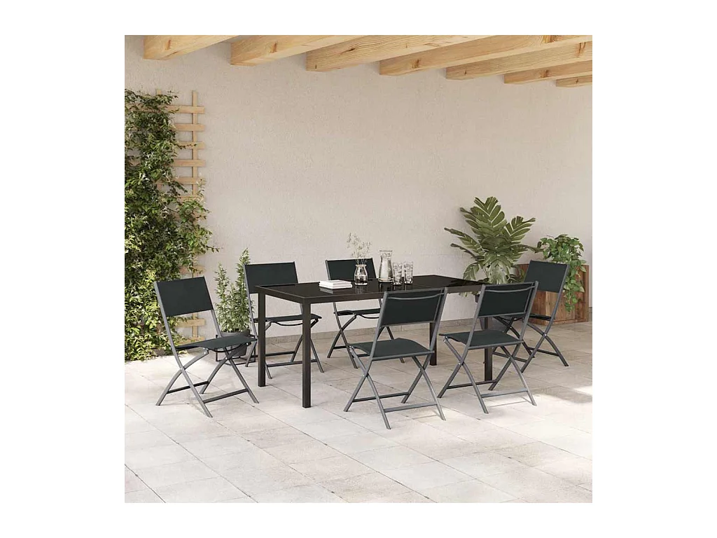 Set da pranzo da giardino in textilene e acciaio nero da 7 pezzi