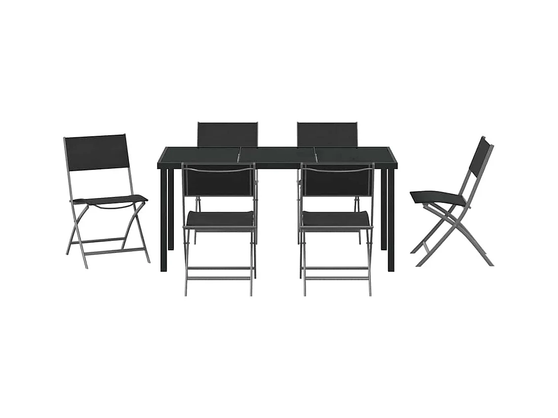 Set da pranzo da giardino in textilene e acciaio nero da 7 pezzi