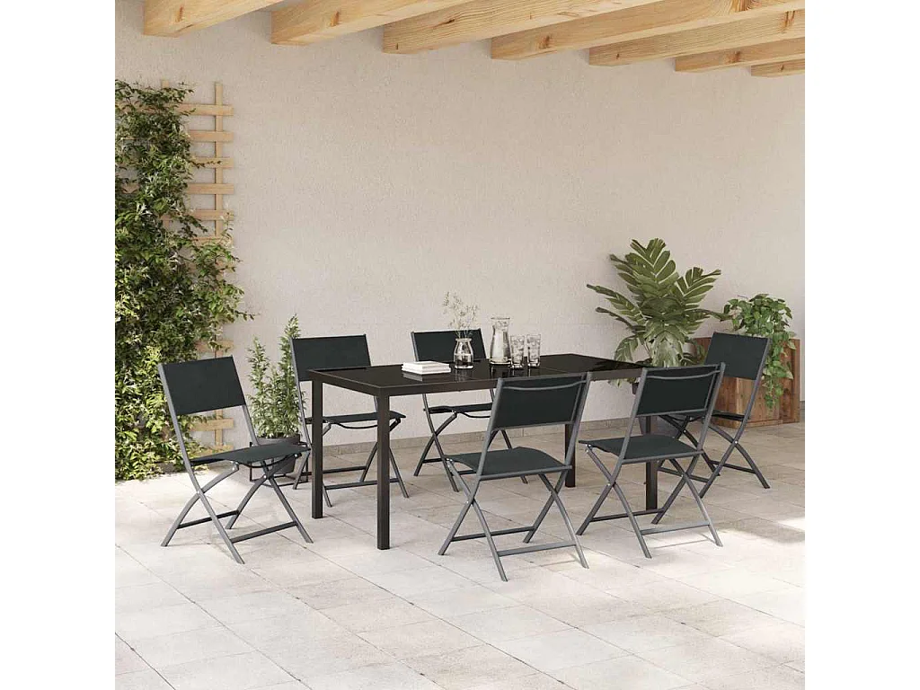 Juego de comedor de jardín de 7 piezas de textileno negro y acero