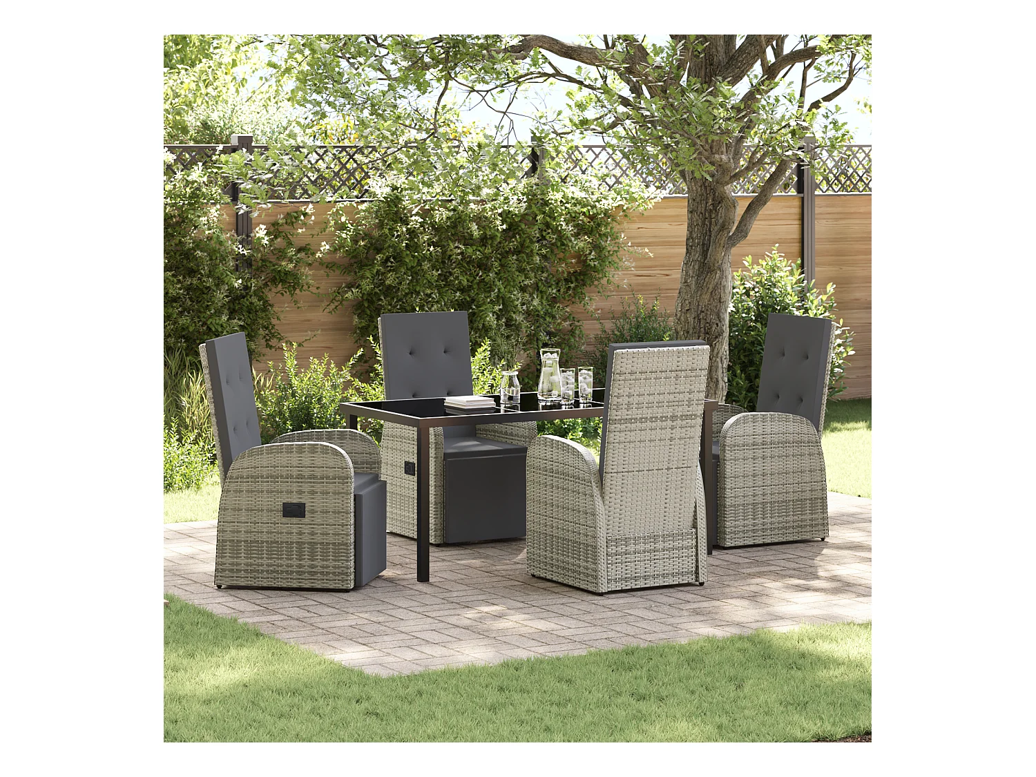 Set da pranzo da giardino 5 pezzi con cuscini in rattan grigio poly