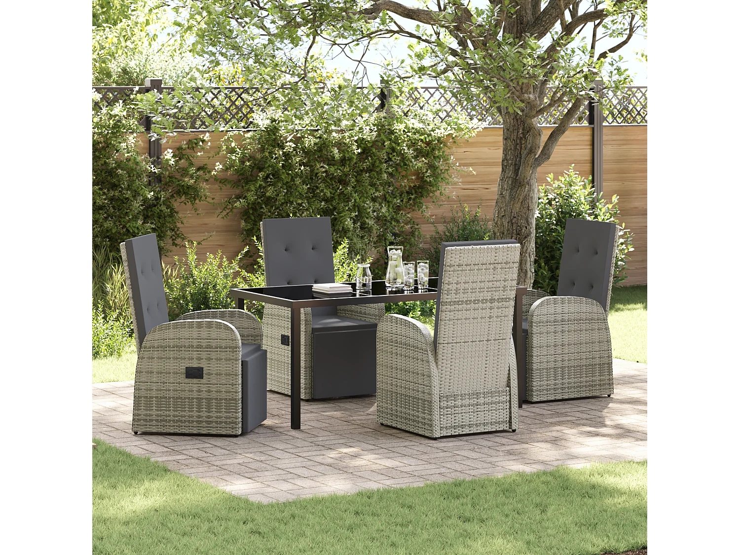 Ensemble de salle à manger jardin 5 pièces avec coussins Gris Rattan Poly