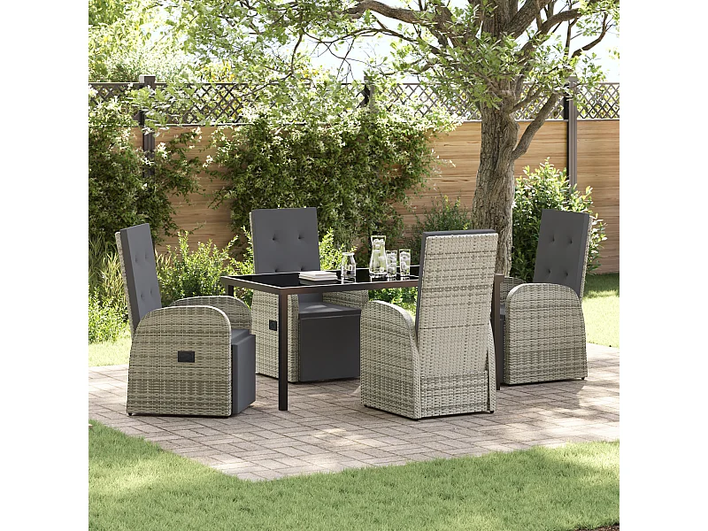 Set da pranzo da giardino 5 pezzi con cuscini in rattan grigio poly