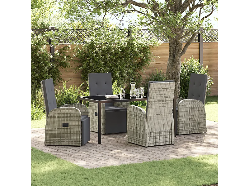 Set da pranzo da giardino 5 pezzi con cuscini in rattan grigio poly
