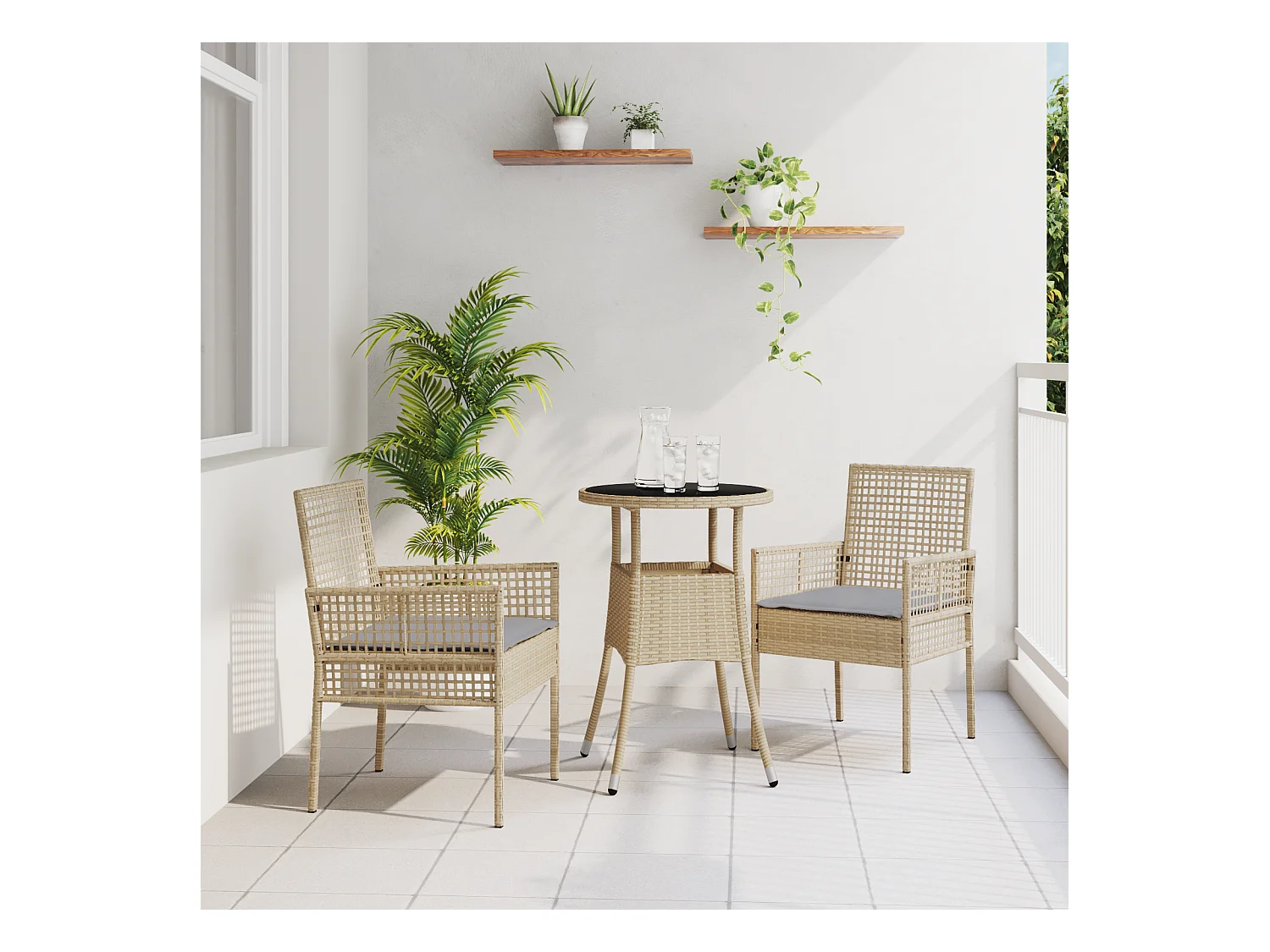 Ensemble de repas de jardin 3 pièces en poly rattan beige