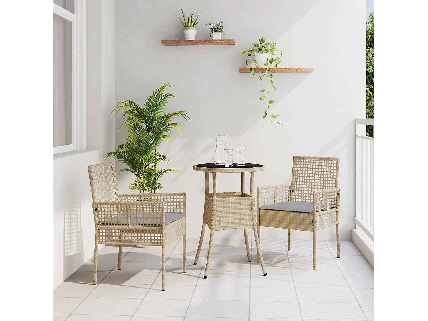 Ensemble de repas de jardin 3 pièces en poly rattan beige