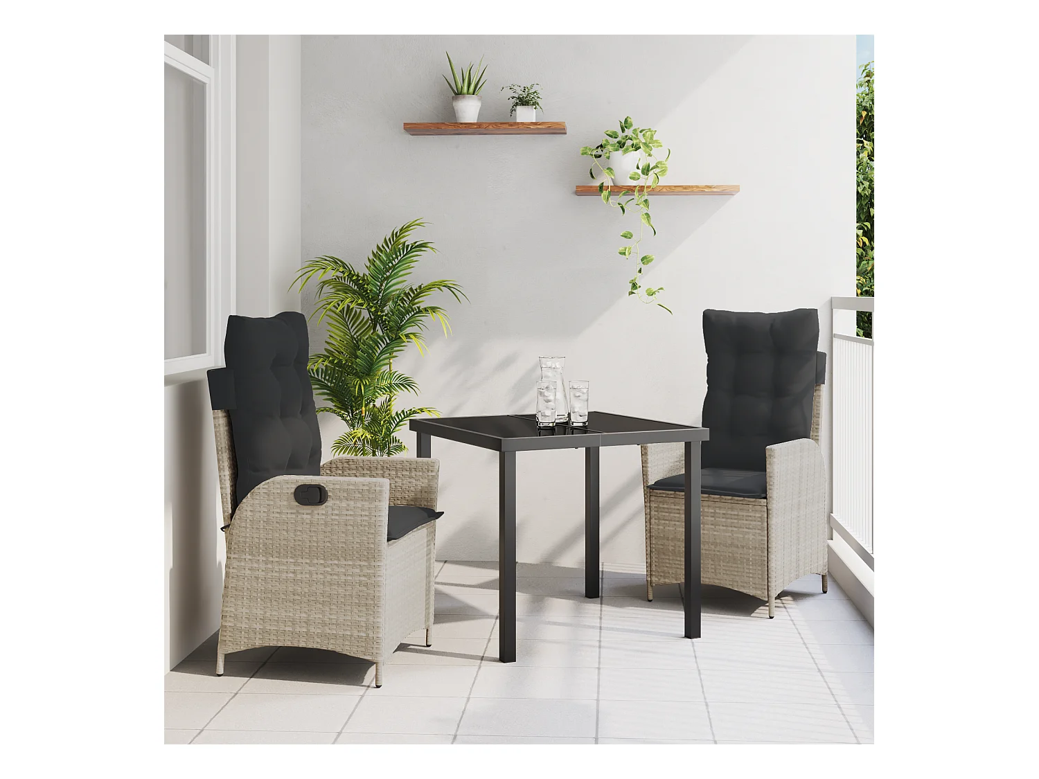 Set da pranzo da giardino 3 pezzi con cuscini in rattan grigio chiaro Poly