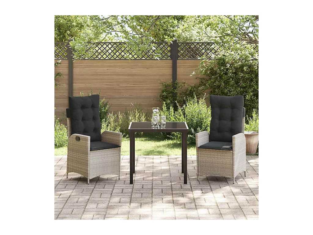 Set da pranzo da giardino 3 pezzi con cuscini in rattan grigio chiaro Poly