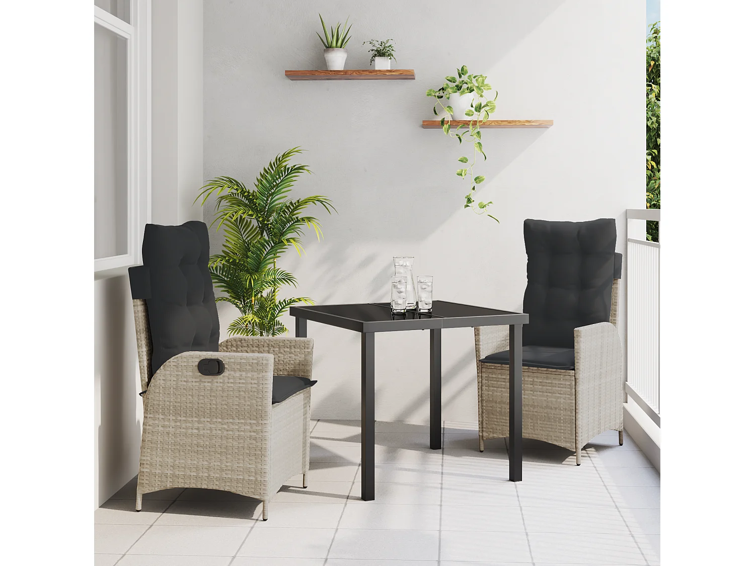 3-delige tuinset met kussens, lichtgrijs rotan poly