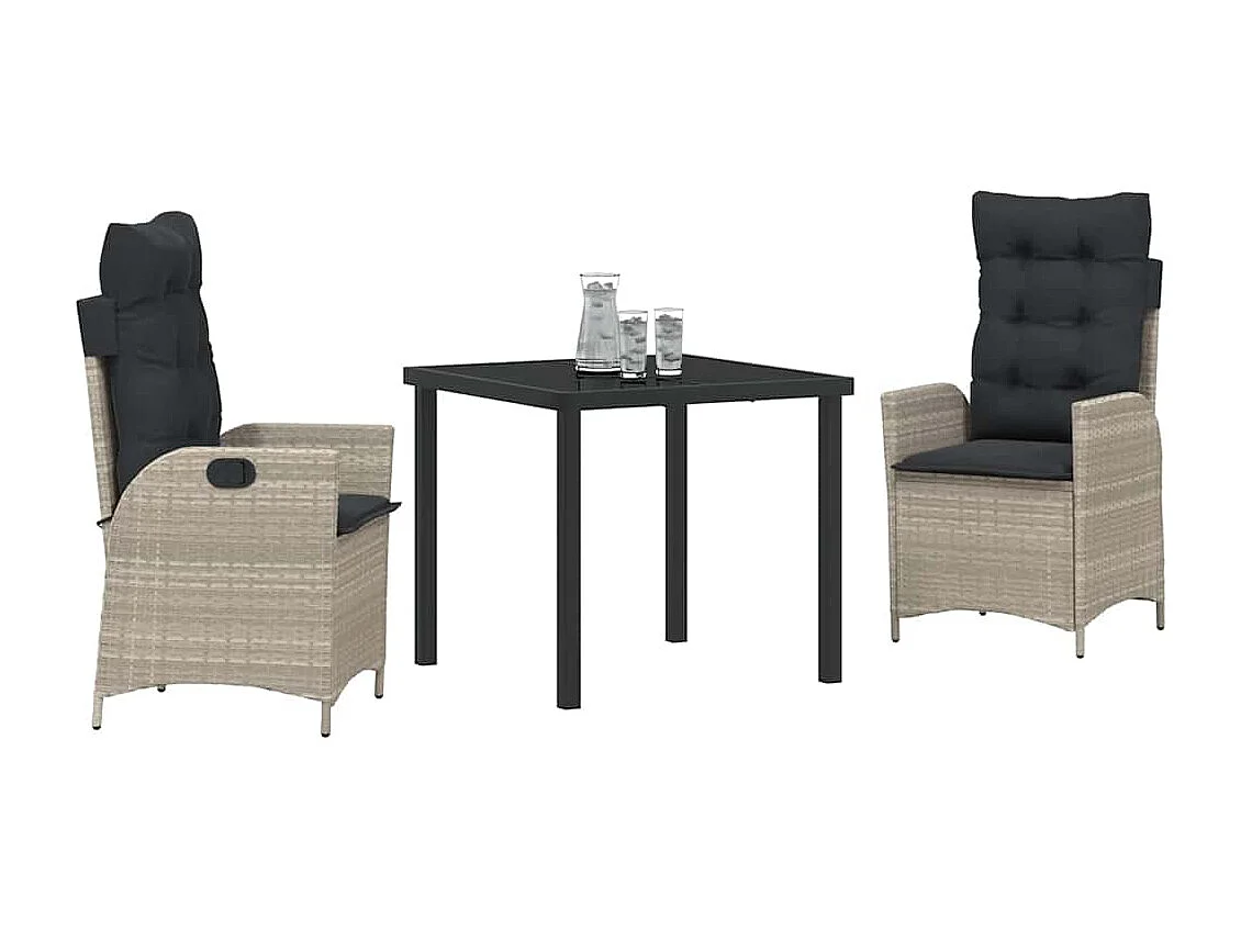 3-delige tuinset met kussens, lichtgrijs rotan poly