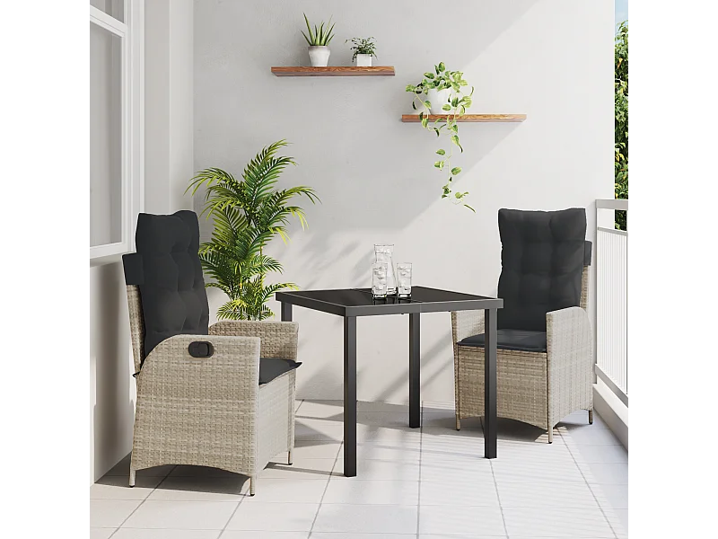 3-delige tuinset met kussens, lichtgrijs rotan poly