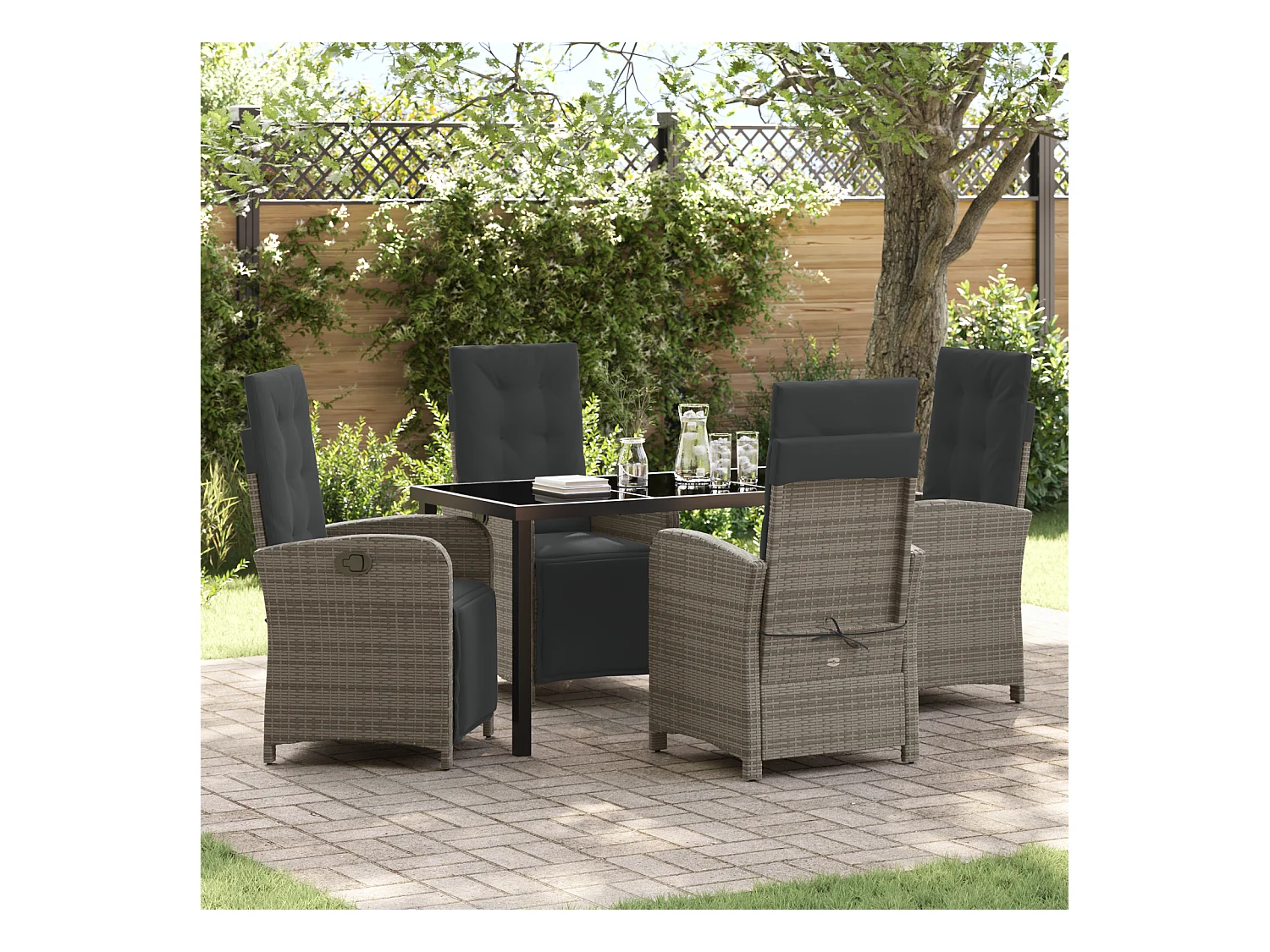 Set da pranzo da giardino da 5 pezzi con cuscini in polyrattan grigio