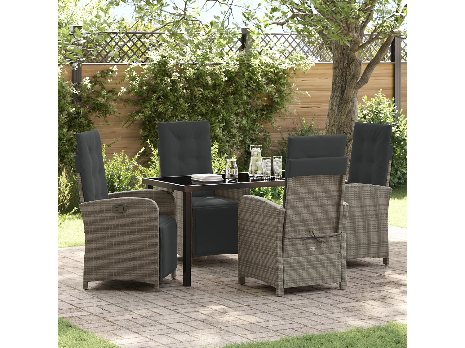 Set de salle à manger de jardin 5 pièces avec coussins en poly rotin gris