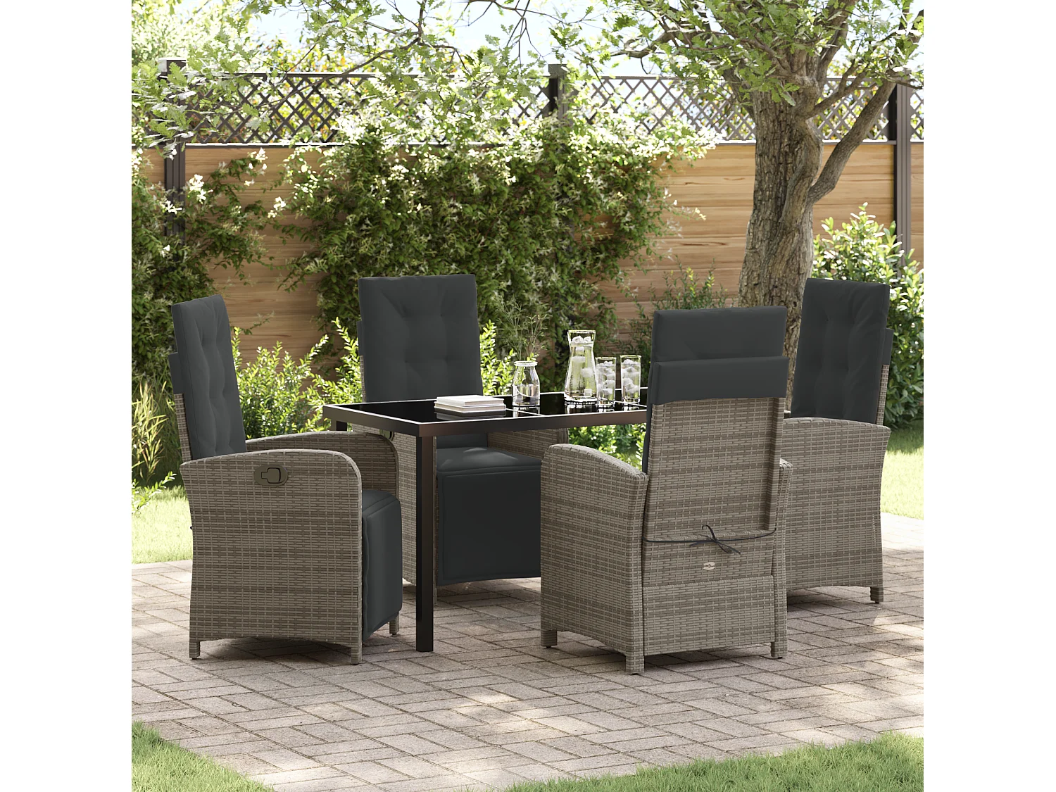 5-teiliges Garten-Essset mit Kissen aus grauem Polyrattan