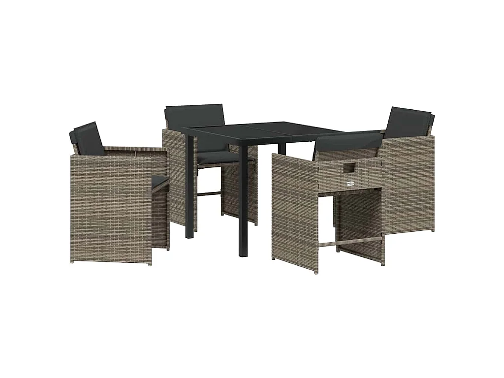5-teiliges Garten-Essset mit grauen Polyrattan-Kissen