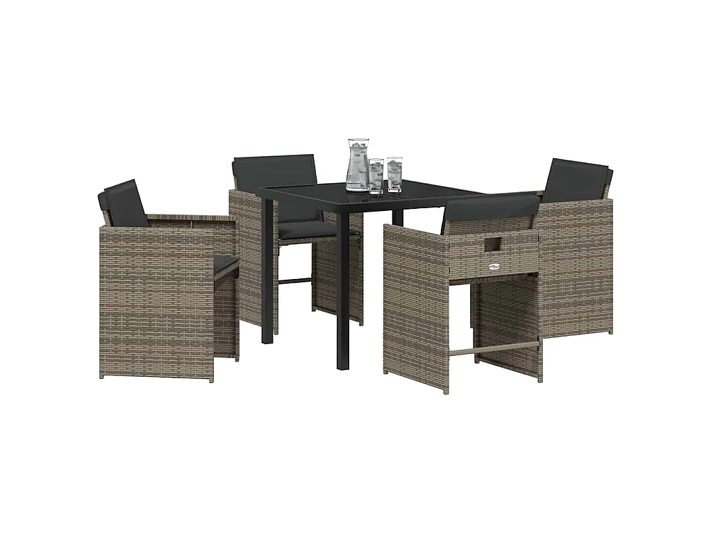 5-teiliges Garten-Essset mit grauen Polyrattan-Kissen