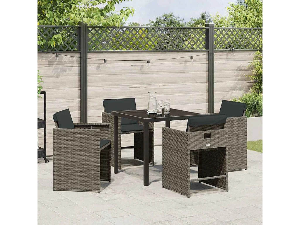 5-teiliges Garten-Essset mit grauen Polyrattan-Kissen