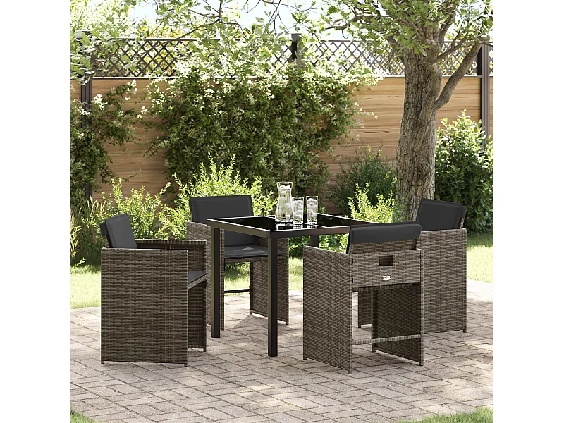 Set da pranzo da giardino 5 pezzi con cuscini in polyrattan grigio