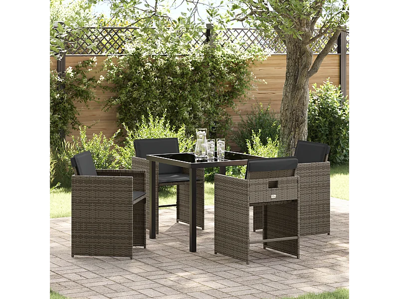 5-teiliges Garten-Essset mit grauen Polyrattan-Kissen