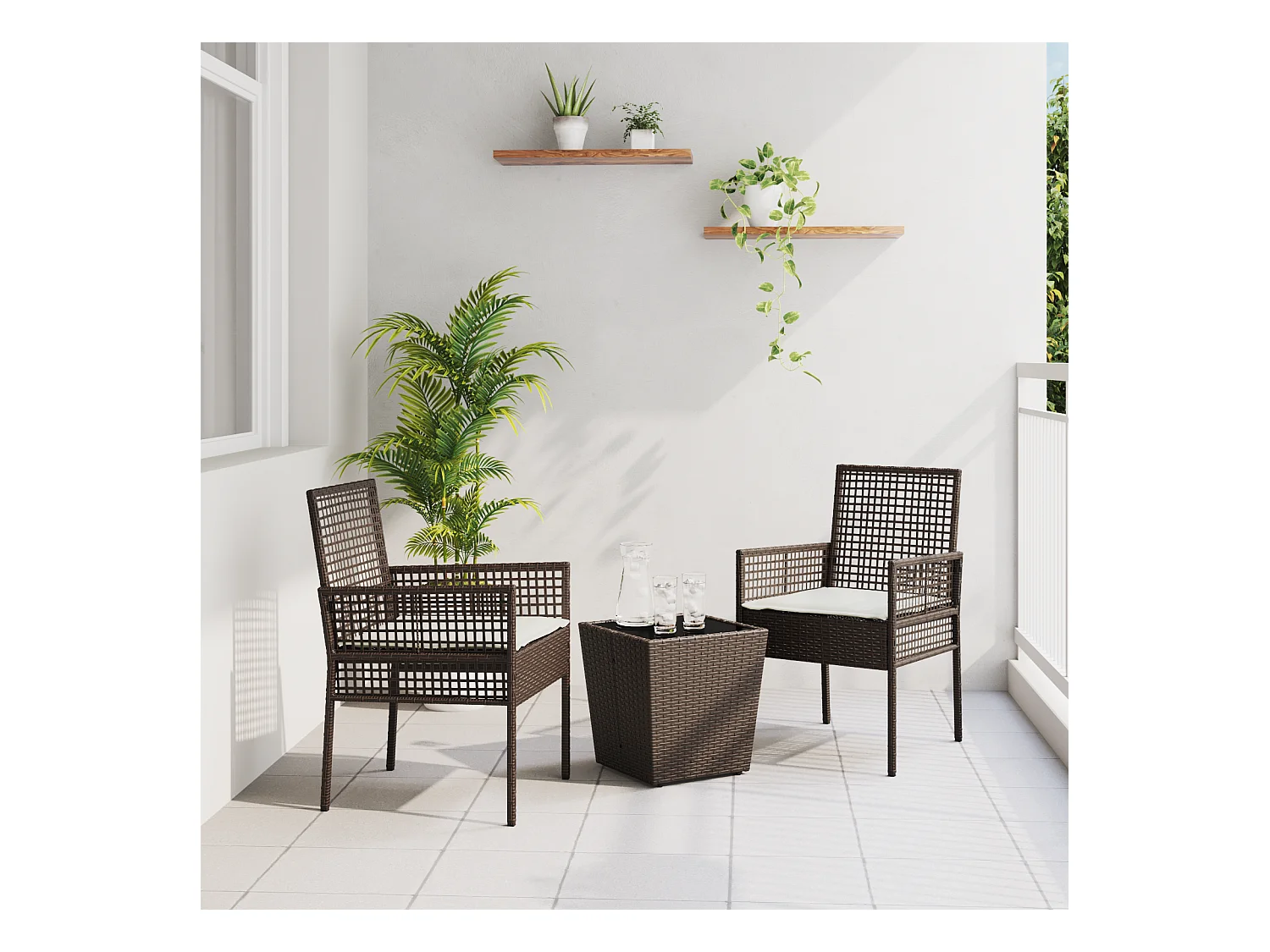 Set da bistrot da giardino 3 pezzi con cuscini in polyrattan marrone
