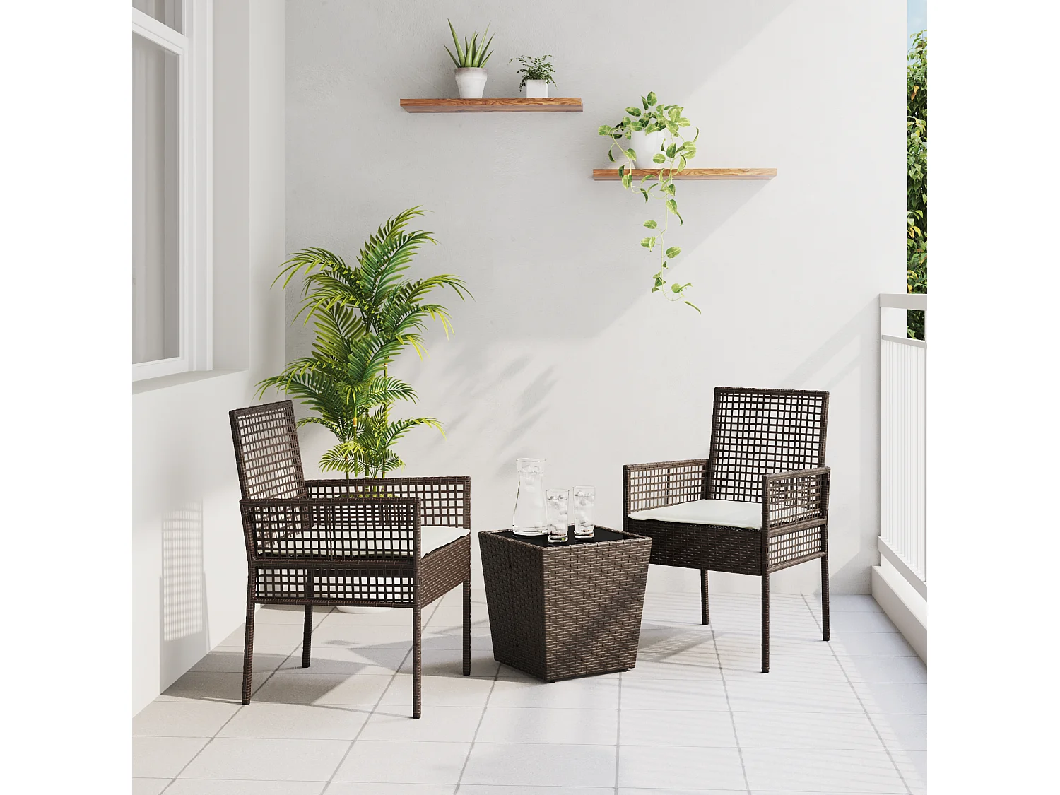 Set de Bistro de Jardin 3 Pièces avec Coussins en Poly Rattan Marron