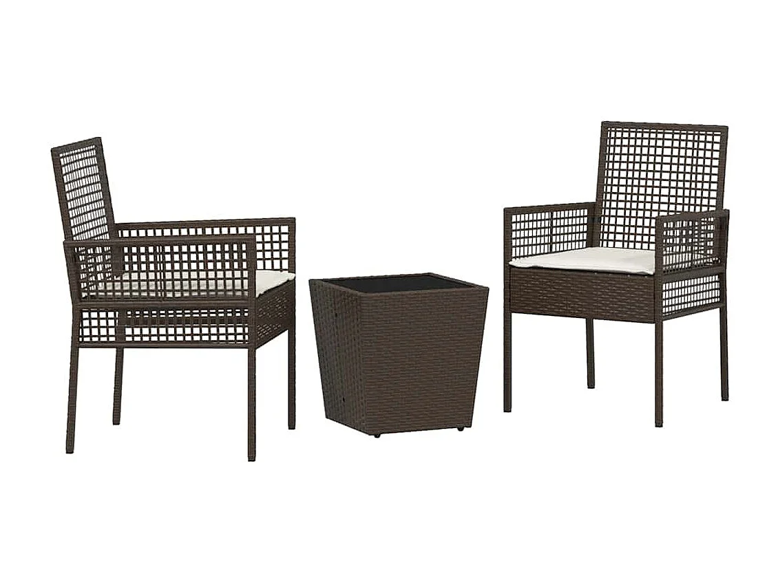 Set de Bistro de Jardin 3 Pièces avec Coussins en Poly Rattan Marron