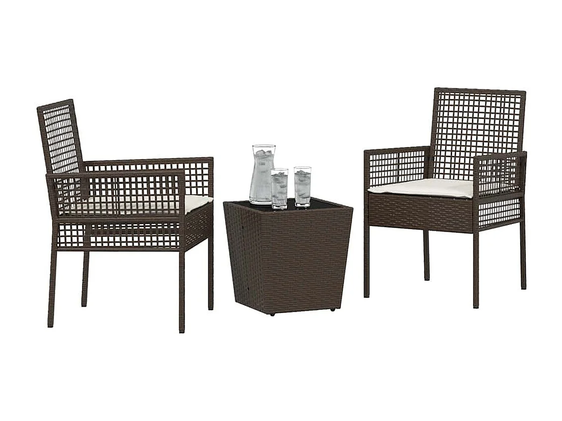 Set de Bistro de Jardin 3 Pièces avec Coussins en Poly Rattan Marron