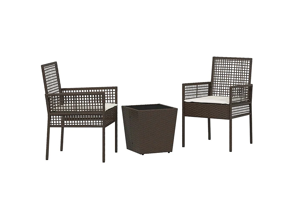 Set de Bistro de Jardin 3 Pièces avec Coussins en Poly Rattan Marron