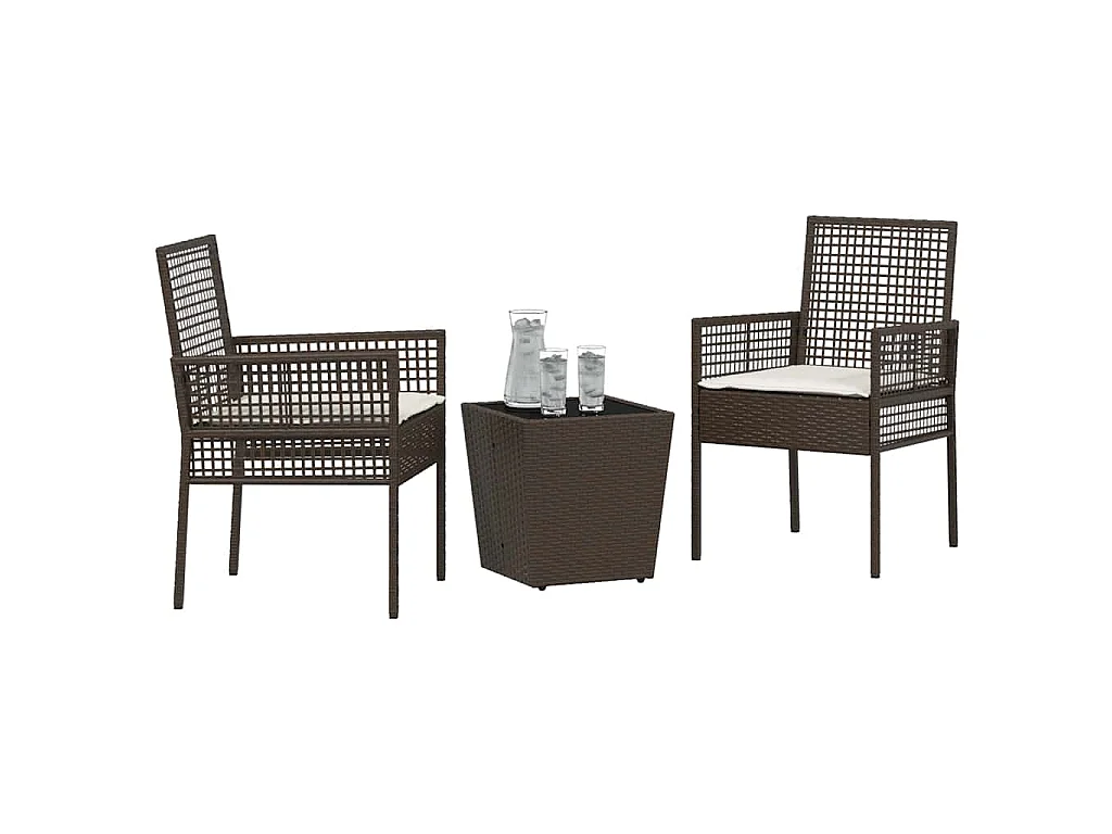 Set de Bistro de Jardin 3 Pièces avec Coussins en Poly Rattan Marron