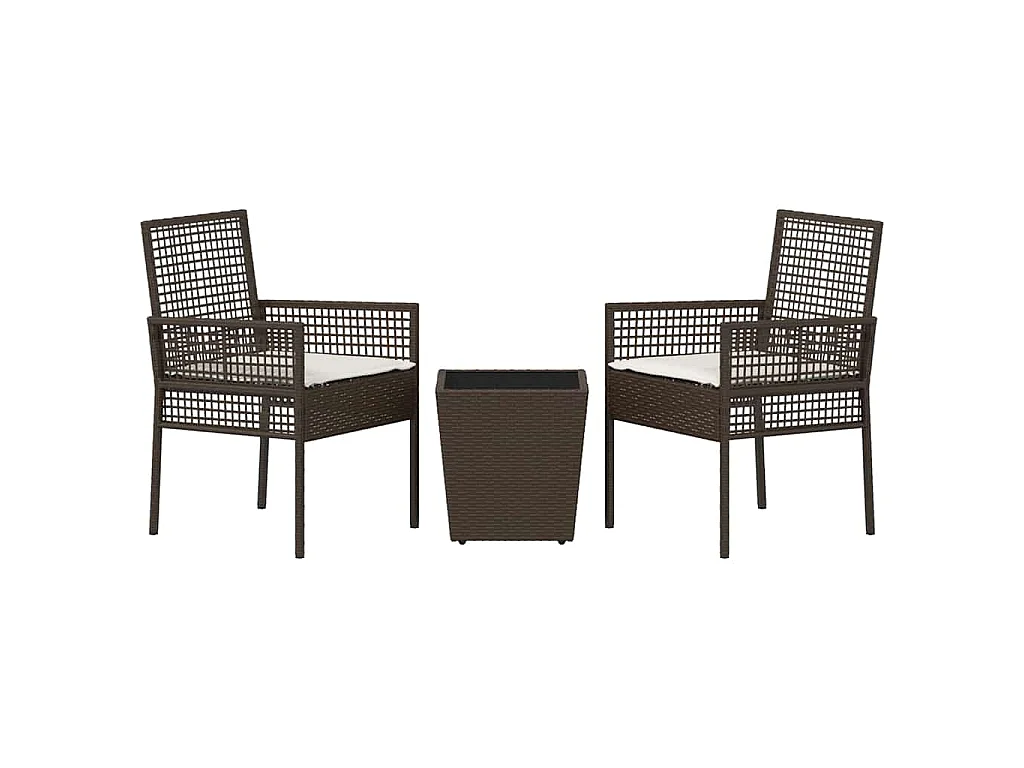 Set de Bistro de Jardin 3 Pièces avec Coussins en Poly Rattan Marron