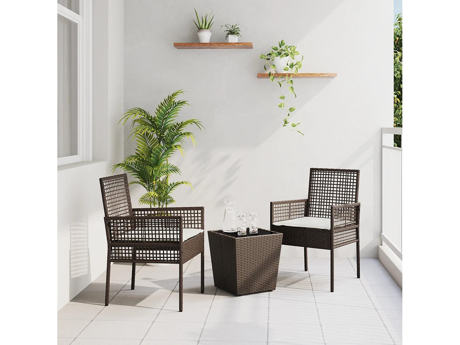 Set de Bistro de Jardin 3 Pièces avec Coussins en Poly Rattan Marron