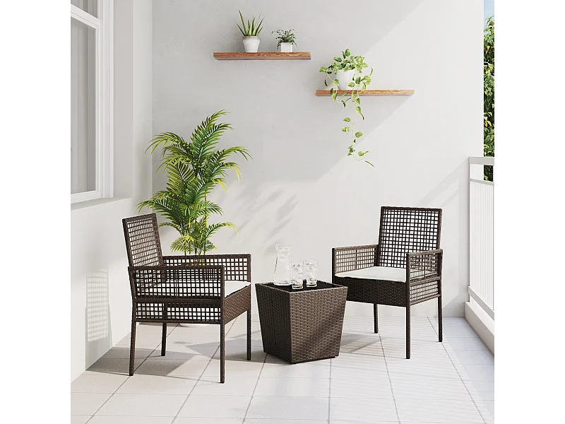 Set de Bistro de Jardin 3 Pièces avec Coussins en Poly Rattan Marron