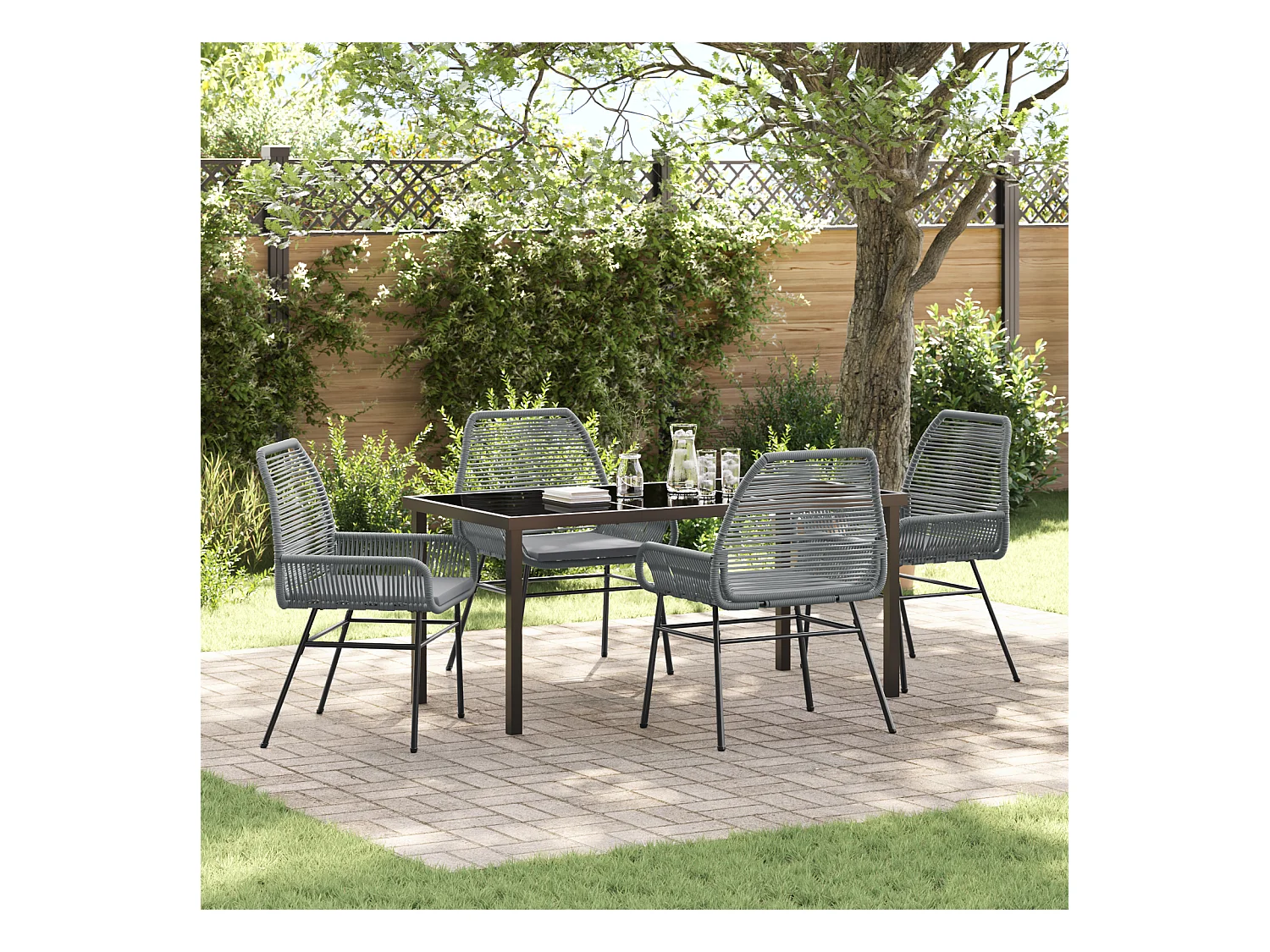 Juego de comedor de jardín de 5 piezas con cojines de ratán sintético gris