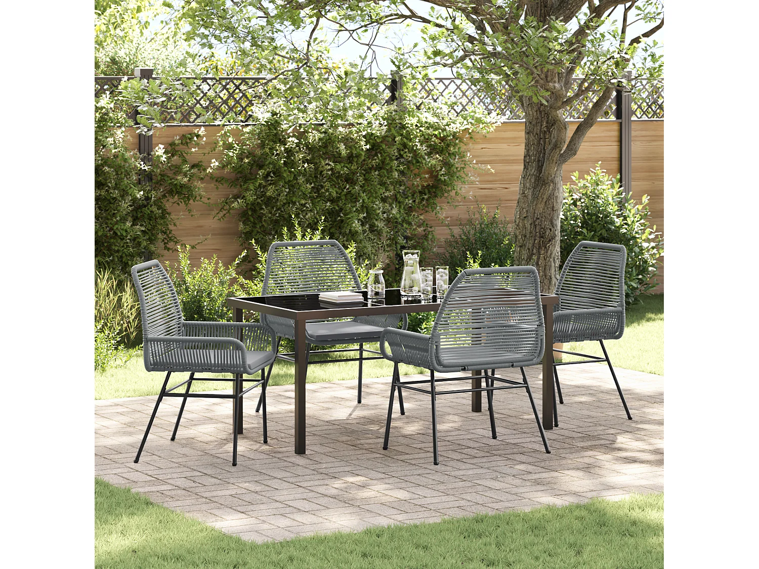 Ensemble de Salle à Manger de Jardin de 5 Pièces avec Coussins Gris Poly Rattan