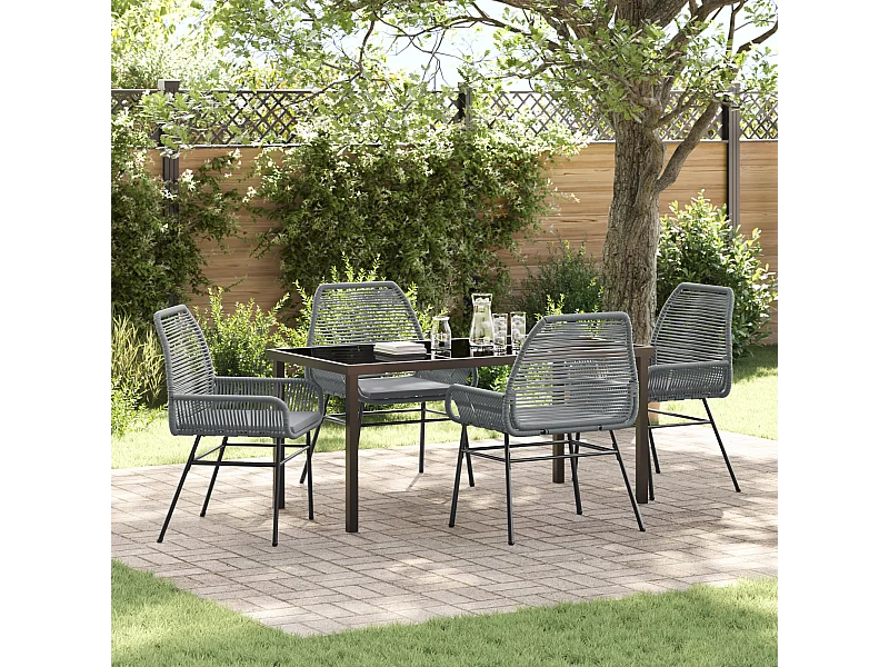 5-teiliges Garten-Essset mit grauen Polyrattan-Kissen