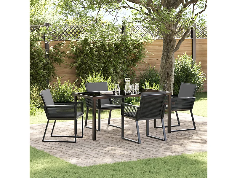 5-teiliges Garten-Essset mit schwarzen Kissen aus Polyrattan