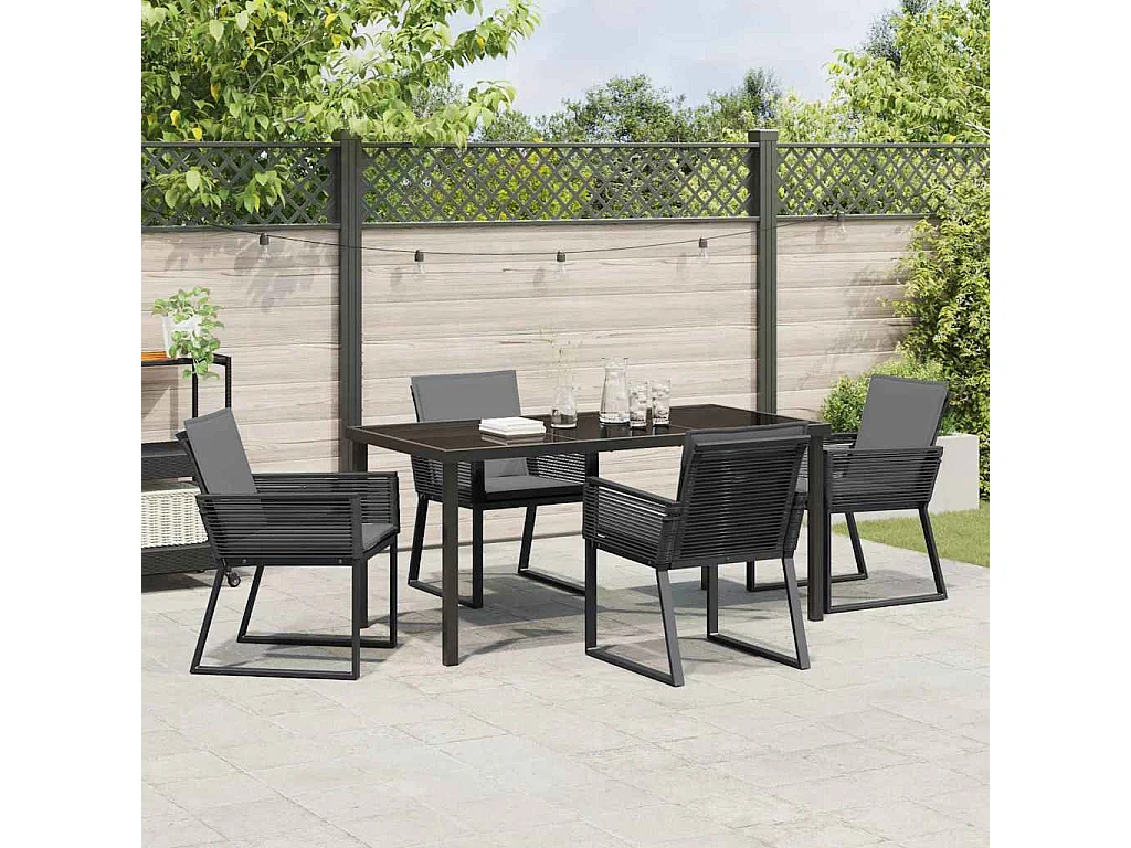 5-teiliges Garten-Essset mit schwarzen Kissen aus Polyrattan