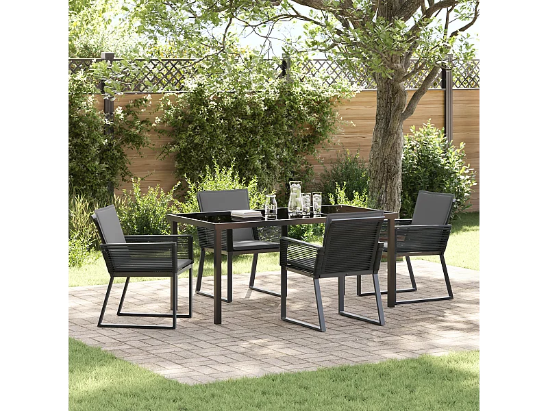 5-teiliges Garten-Essset mit schwarzen Kissen aus Polyrattan