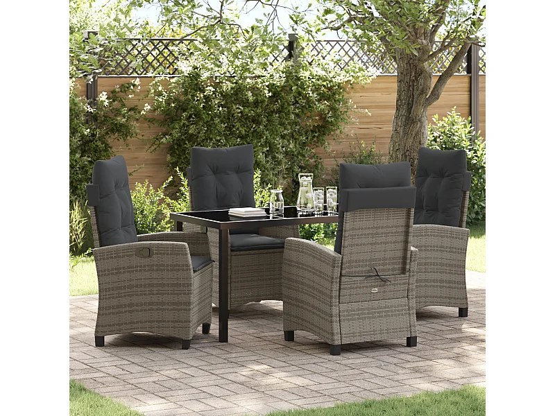 Set da pranzo da giardino 5 pezzi con cuscini in polyrattan grigio