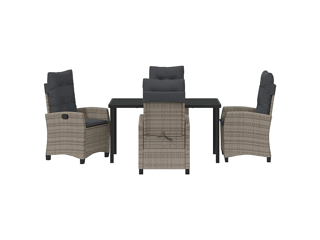 5-teiliges Garten-Essset mit grauen Polyrattan-Kissen