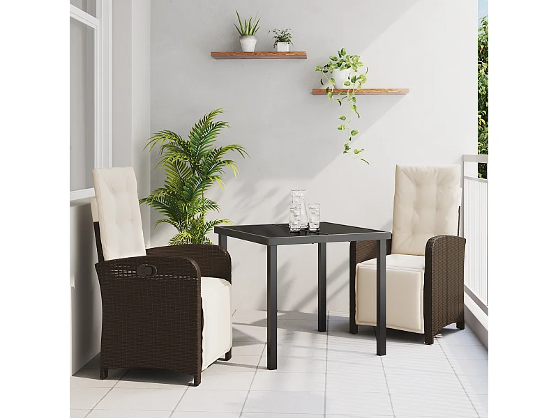 Set da pranzo da giardino 3 pezzi con cuscini in polyrattan marrone