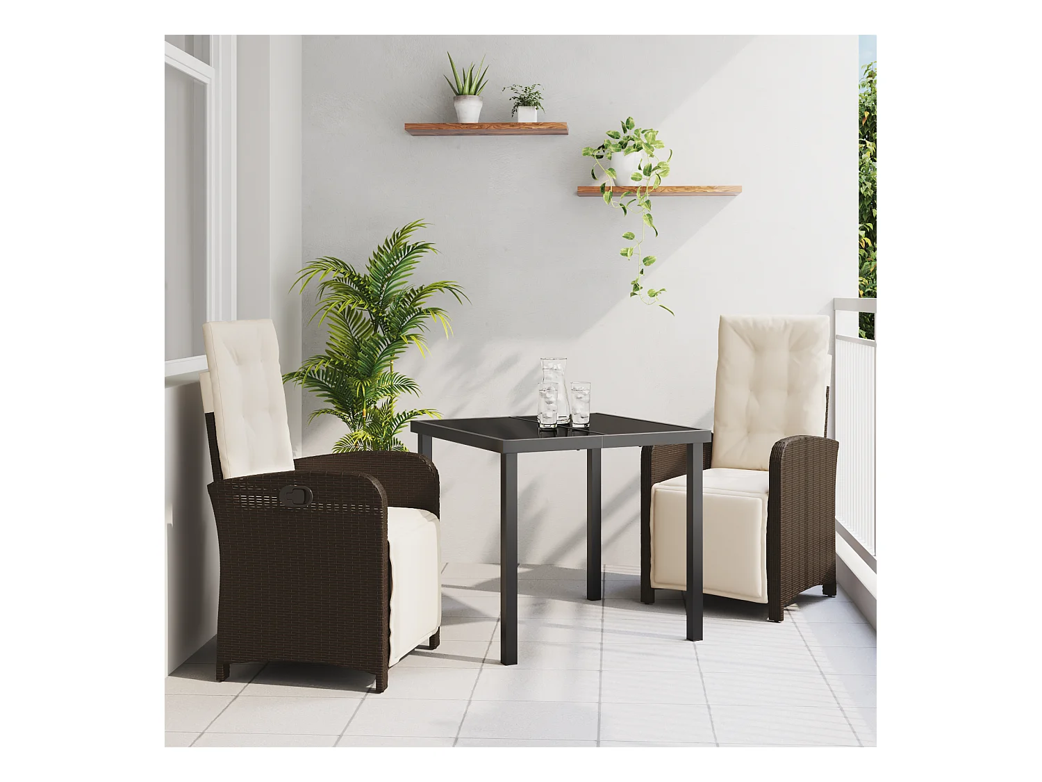 3-teiliges Garten-Essset mit braunen Polyrattan-Kissen