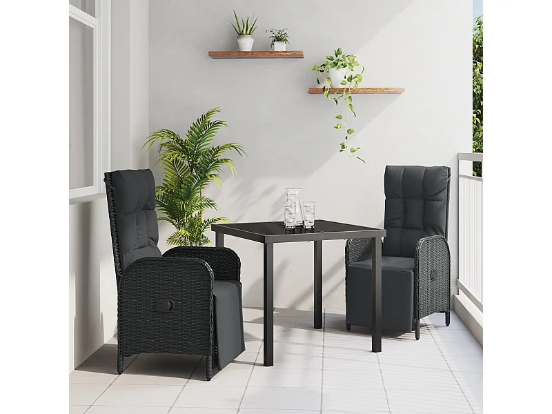 Set da pranzo da giardino 3 pezzi con cuscini in polyrattan nero