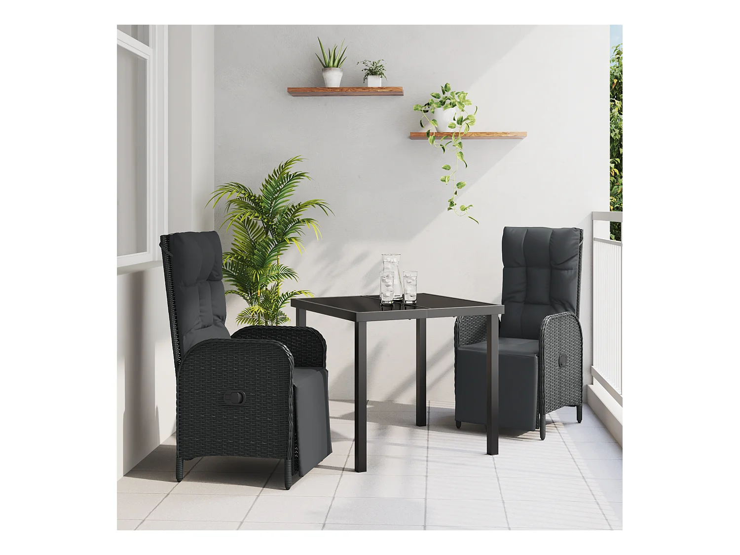 Set da pranzo da giardino 3 pezzi con cuscini in polyrattan nero