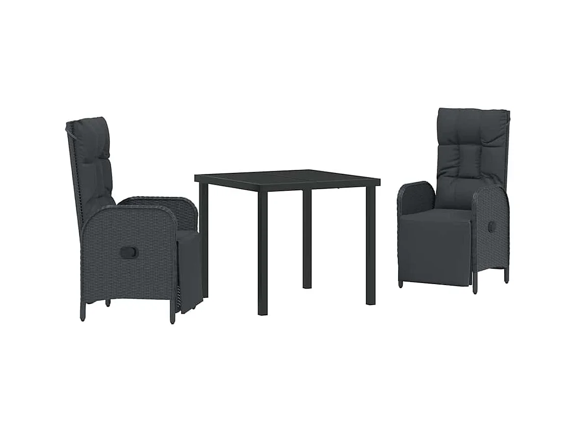 Set da pranzo da giardino 3 pezzi con cuscini in polyrattan nero