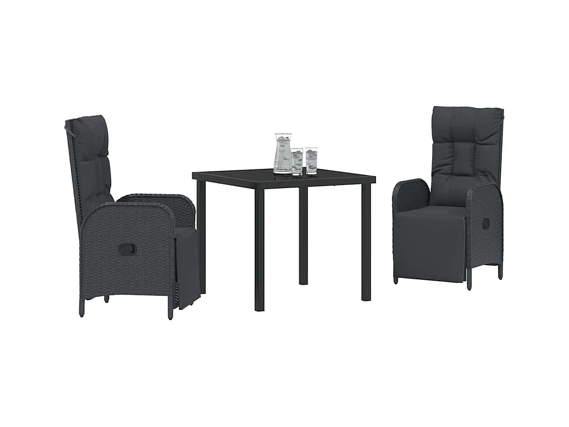 Set da pranzo da giardino 3 pezzi con cuscini in polyrattan nero