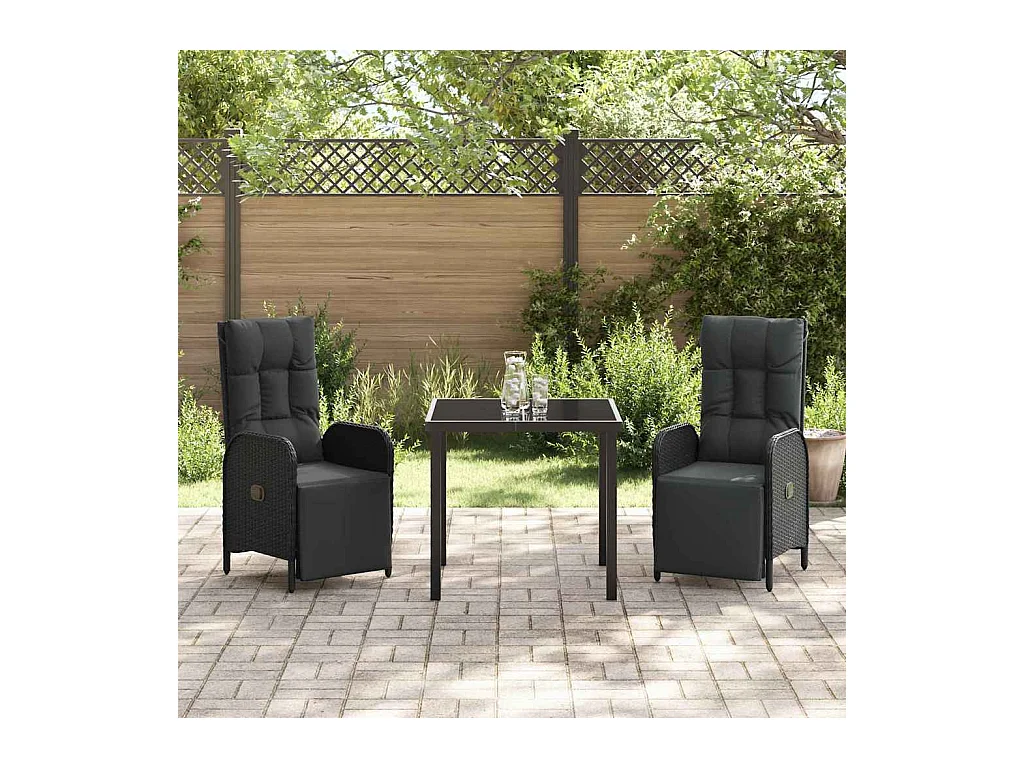 Set da pranzo da giardino 3 pezzi con cuscini in polyrattan nero