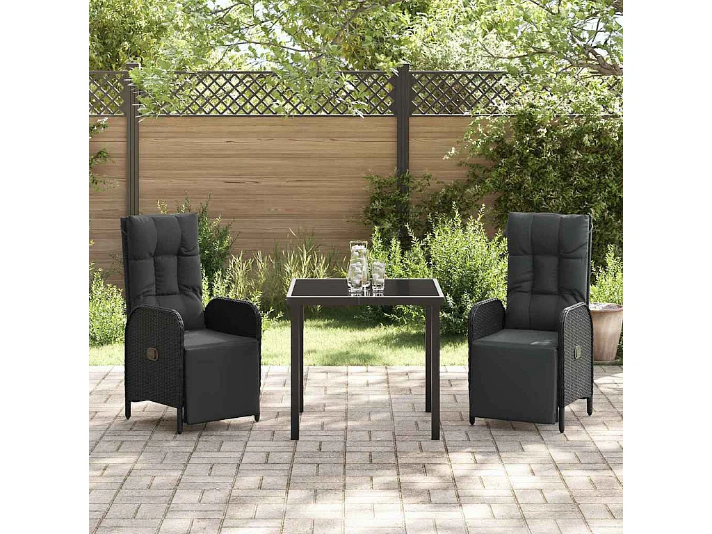 3-delige tuinset met zwarte polyrotan kussens