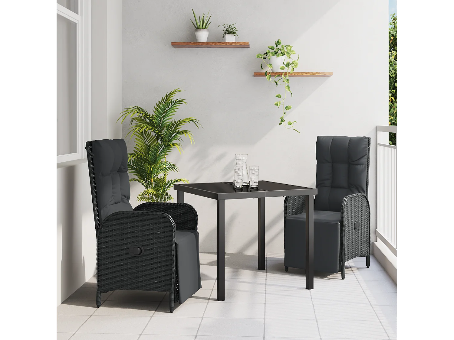 Set de dîner de jardin de 3 pièces avec coussins en rattan noir poly