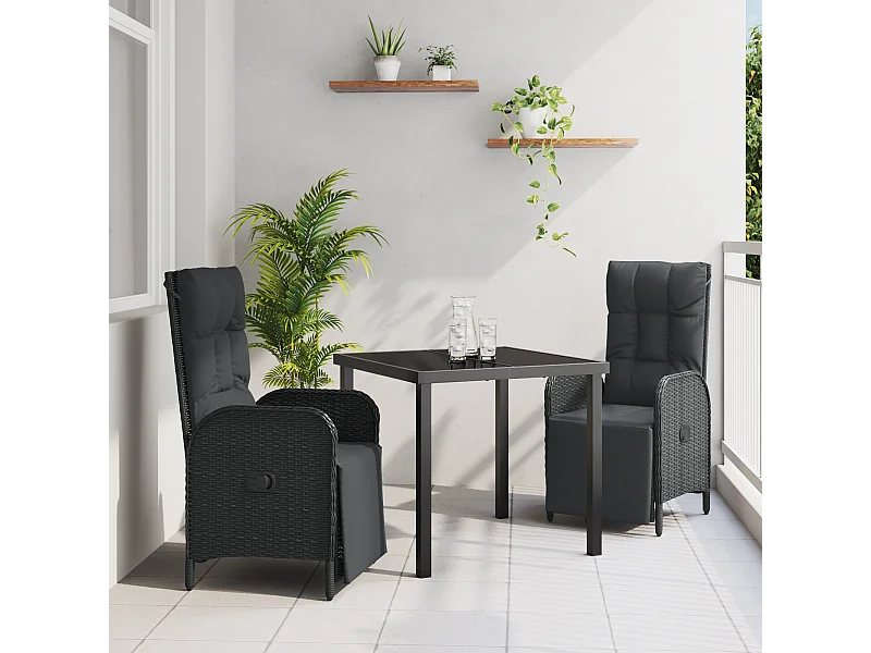 Set de dîner de jardin de 3 pièces avec coussins en rattan noir poly